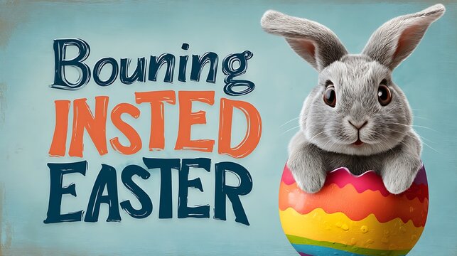 Whimsical easter bunny peeking out of a colorful egg with festive text - Powered by Adobe