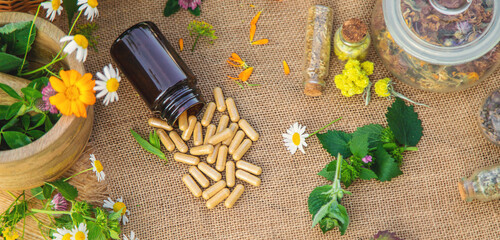 Supplementi and medicinal herbs and flowers. Selective focus.