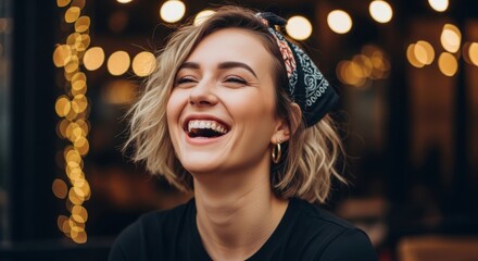 Young woman laughing joyfully in a lively cafe surrounded by warm lights