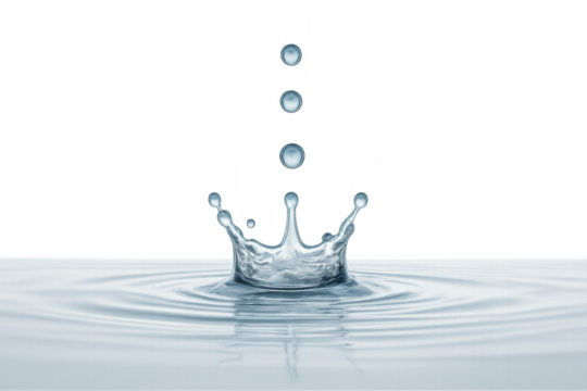 Water drop falling, creating a crown splash and concentric ripples on the surface, clean and clear liquid reflecting light