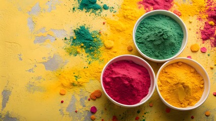 holi background. bowls of colorful gulal powder on yellow table flat lay with copy space. festive indian happy holidays greeting card, invitation or banner. hindu festival of colours 8k backdrop. see 