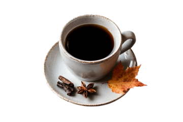 Coffee cup with autumn leaf and spices isolated on a transparent background
