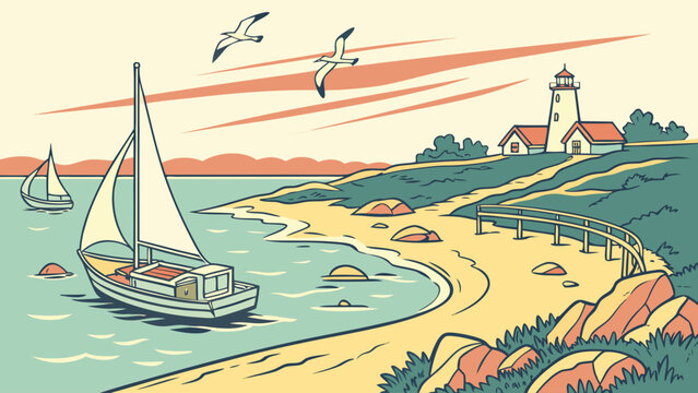 &ldquo;Cape Cod sunrise with boats and shoreline, nautical vector&rdquo;