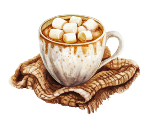 Warm cup of hot chocolate topped with marshmallows, resting on cozy blanket. Perfect for chilly days and comforting treat