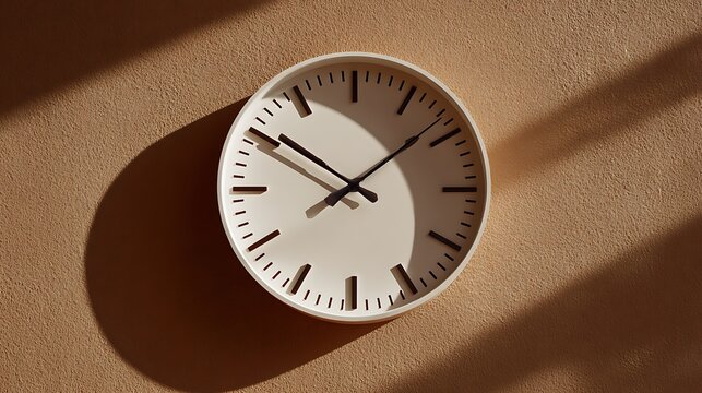 A simple white wall clock with black markings hangs on a textured surface casting a shadow