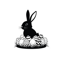 Easter bunny sitting on decorated eggs silhouette