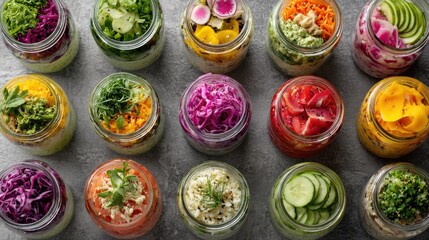 Colorful mason jar salads with fresh vegetables grains and vibrant toppings arranged for healthy meal prep lunch planning and organized nutrition lifestyle concept