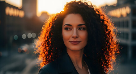Radiant Beauty in the Golden Hour: A captivating woman with stunning curly hair is bathed in the warm glow of the setting sun, her gaze fixed with a serene expression.  The shot exudes beauty.