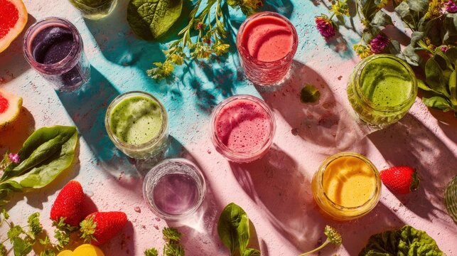 Vibrant colorful juice shots and smoothies with fresh fruits vegetables and flowers on artistic background for wellness detox cleanse and healthy lifestyle concept