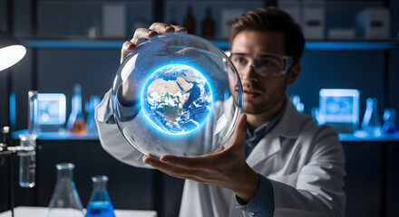 Scientific Research: A scientist in a laboratory, holding a glowing globe, embodies the future of scientific advancement and innovative research.  
