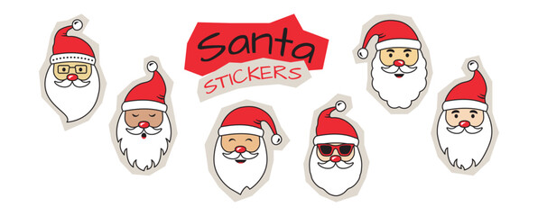 Santa Claus face sticker. Scrapbook cute winter character head with beard, cartoon Santa hat and sunglasses. New Year snowman, Xmas vintage fun cut paper set isolated on white bg. Vector illustration