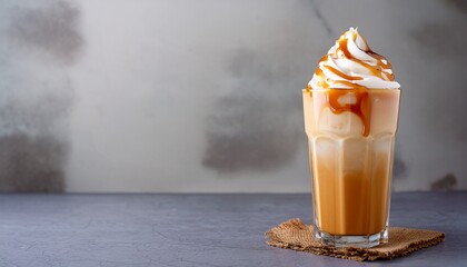 A Glass Of Iced Thai Tea Blended With Milk Topped With Whipped Cream And Caramel Sauce On Pale Gray Wall Background Popular Thai Drinks Copy Space