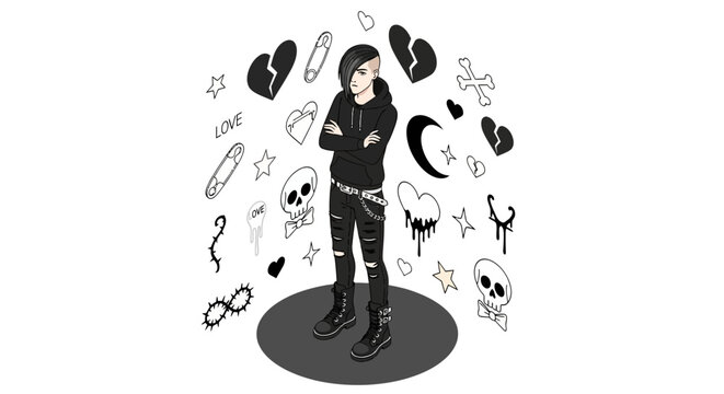 Edgy punk character in black outfit with emo icons and grunge symbols