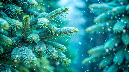 Green Snow fall in winter forest. Christmas new year magic. Blue spruce fir tree branches detail. Banner image	
