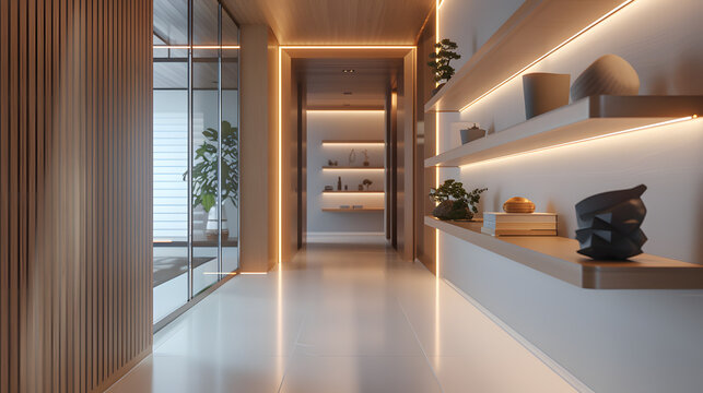 modern hallway with futuristic LED wall strip lighting, floating wooden shelves, sculptural decorative pieces, clean minimalist architecture, cinematic wide-angle shot - Powered by Adobe