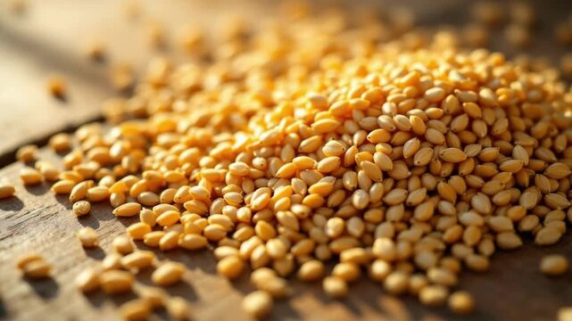 Pile of golden millet grains on rustic wooden surface in sunlight