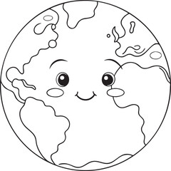 Smiling earth cartoon character outline illustration for kids coloring book, fun geography and learning art design