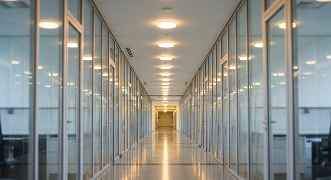 Modern office hallway with glass walls offers a clean, professional look for corporate interiors or architecture projects