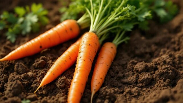 Freshly harvested carrots on soil with green tops in sunlight garden scene
