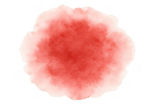 Red watercolor splash creating an abstract ink stain with soft edges and transparent background for design element assets