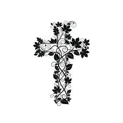 Ornate cross silhouette adorned with vines and leaves