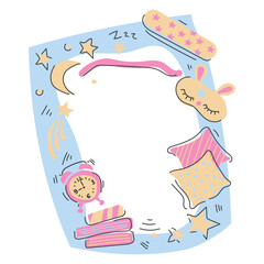 Hand drawn doodle frame with cute girls cozy night routine, sleep hygiene elements, pillows, mask, stars and moon. Vector illustration of relaxing bedtime rituals and home comfort accessories.