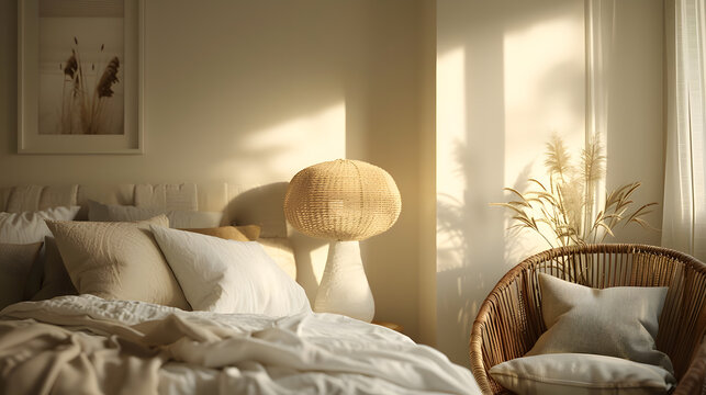 luxe bedroom with layered linen textiles, boucle armchair, soft warm lamp glow, monochrome palette, minimal editorial interior style, photorealistic