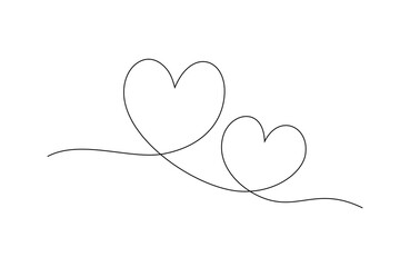 Hand drawn sketch of two heart symbol. Single continuos line love doodle. 