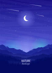 Obraz premium Moon in the night sky. Night landscape with mountain ranges and forest in flat style. Vector illustration.
