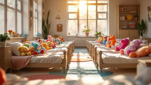 Cozy nursery room with rows of beds and colorful teddy bears in sunlit calm setting