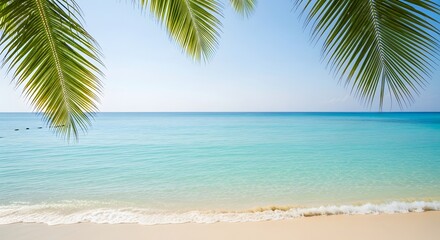 Tropical beach with turquoise water, palm leaves partially framing the shot