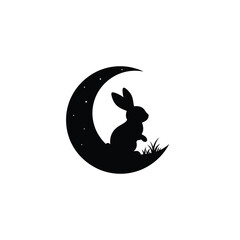 Rabbit silhouette on crescent moon with grass silhouette