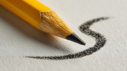 Close up of a yellow pencil drawing a dark graphite line on a textured white surface