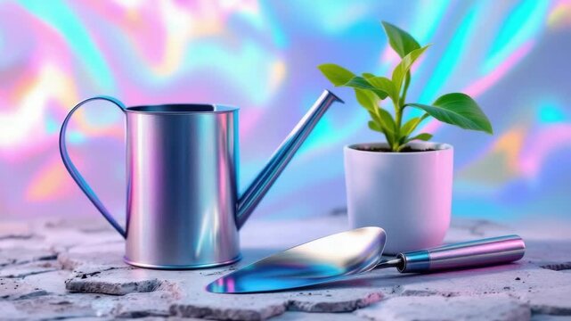 Metallic watering can and trowel with potted plant on pastel background