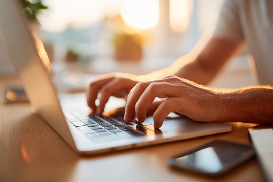Typing on a laptop in warm sunlight