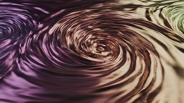 Mesmerizing swirl of water fills frame with vibrant purple and green hues dancing across surface, abstract visual representation inviting contemplation on concept of motion evoking feelings of.