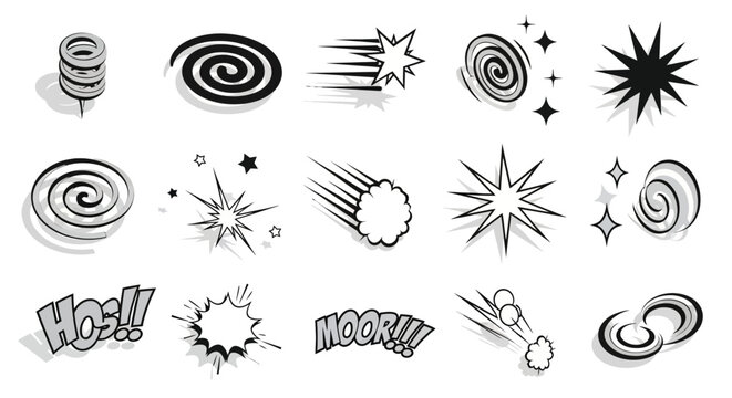 Dynamic comic elements with explosive stars and spirals in black and white