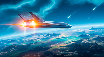 Fototapeta premium Experience the thrill of futuristic space travel with a sleek spaceship soaring above Earth's stunning landscape under a meteor shower, ideal for science, exploration, and technology concepts