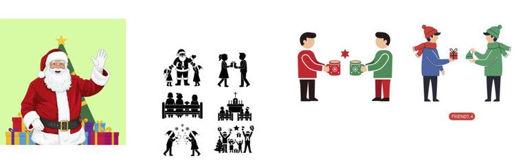 Christmas characters and scenes including Santa Claus and gift exchanges.