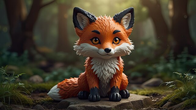 Cute cartoon fox character sitting on a rock in a forest