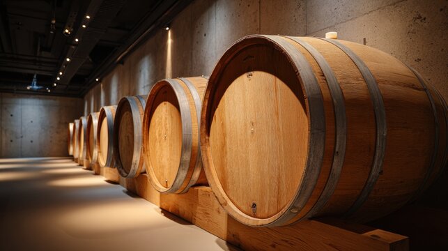 Large Wine Barrels Showcased in a Premium Cellar With Warm Radial Light Creating an Inviting Atmosphere