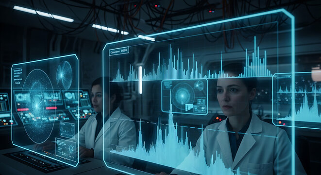 Futuristic lab technicians analyzing cutting-edge holographic data displays in a high-tech research facility, ideal for science, technology, and innovation projects, showcasing progress and discovery