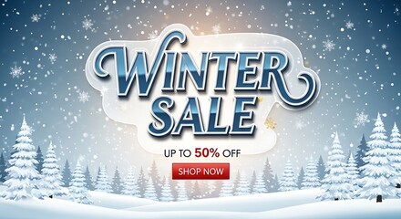 Winter sale announcement with snowing trees and discount offer