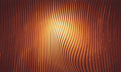 Abstract warm orange glowing vertical pleated texture background with light in center and wavy lines artistic backdrop