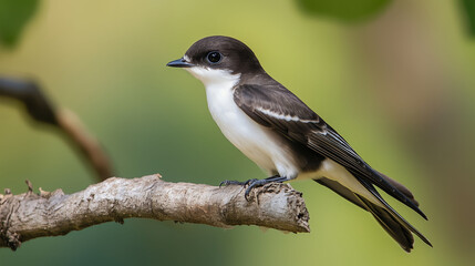 Obraz premium Close-up of a small bird perched on a branch with a soft green background