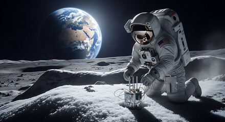 Astronaut pioneering lunar research on moon's surface with Earth in background, a bold vision of space exploration and scientific discovery evoking inspiration and hope for the future of humankind