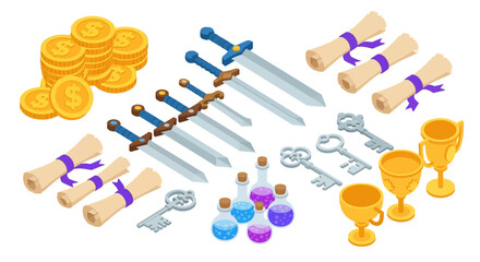 Isometric medieval game icons with swords, coins, scrolls, and keys