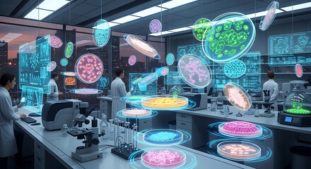Modern medical research team conducting innovative tests with petri dishes in high tech lab, envisioning scientific breakthroughs and future of medicine for disease solutions and global health