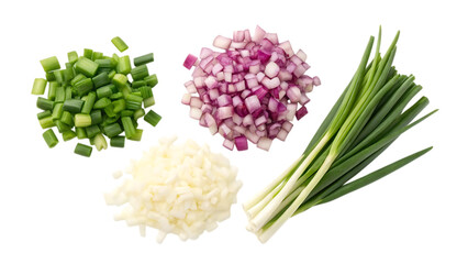 Obraz premium Assorted chopped onions: white, red, and green scallions on white background
