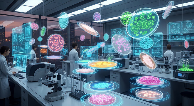 Modern medical research team conducting innovative tests with petri dishes in high tech lab, envisioning scientific breakthroughs and future of medicine for disease solutions and global health